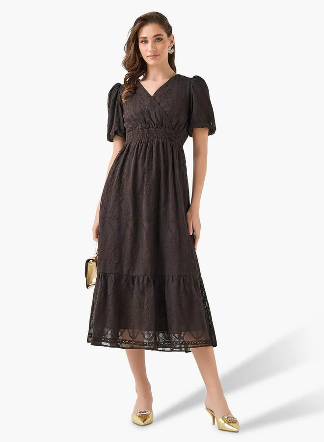 2Xtremz 2Xtremz Midi Dress with Puff Sleeves and Embroidery